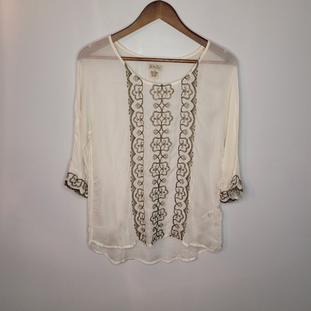 Lucky Brand | Ivory 3/4 Sleeve Sheer Blouse w/ Gold Embroidery